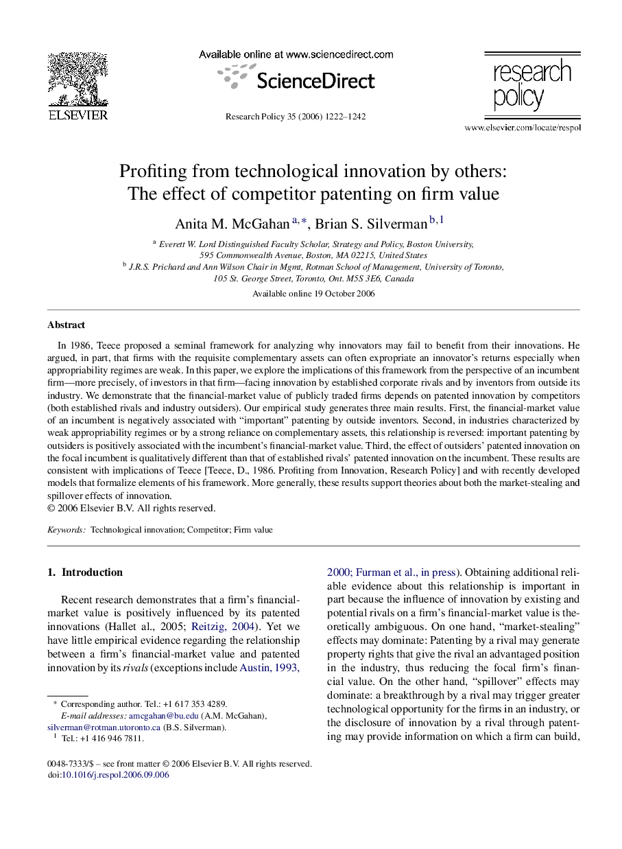 Profiting from technological innovation by others: The effect of competitor patenting on firm value