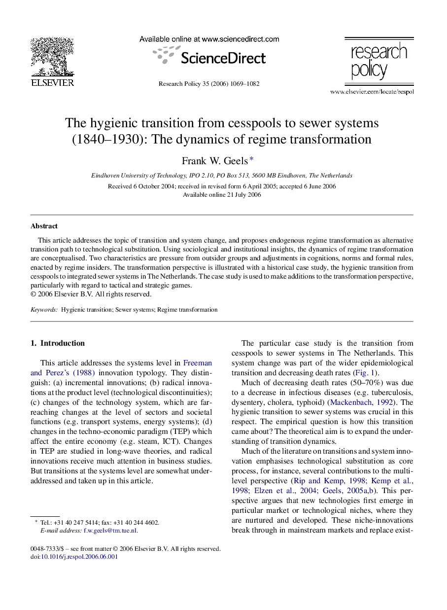 The hygienic transition from cesspools to sewer systems (1840–1930): The dynamics of regime transformation