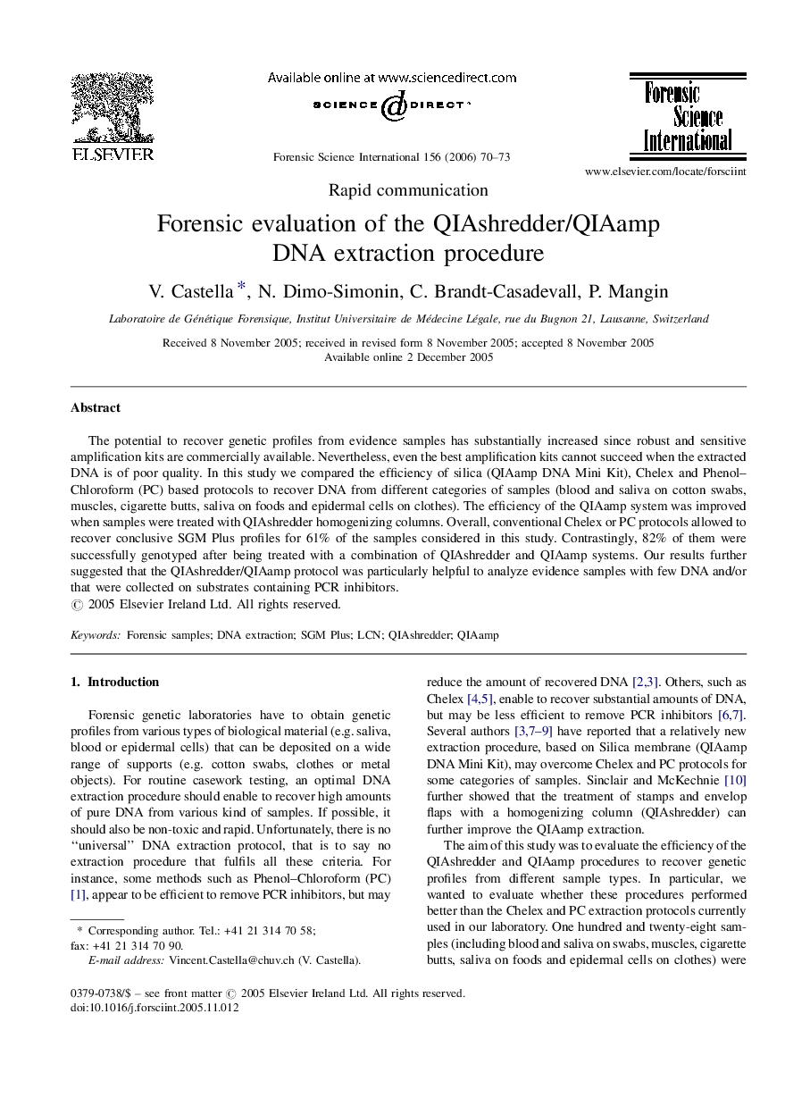 Forensic evaluation of the QIAshredder/QIAamp DNA extraction procedure