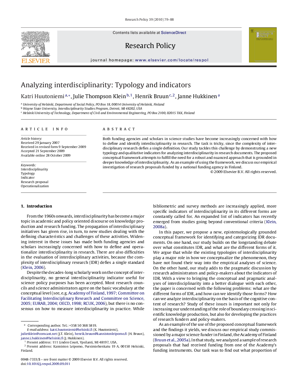 Analyzing interdisciplinarity: Typology and indicators