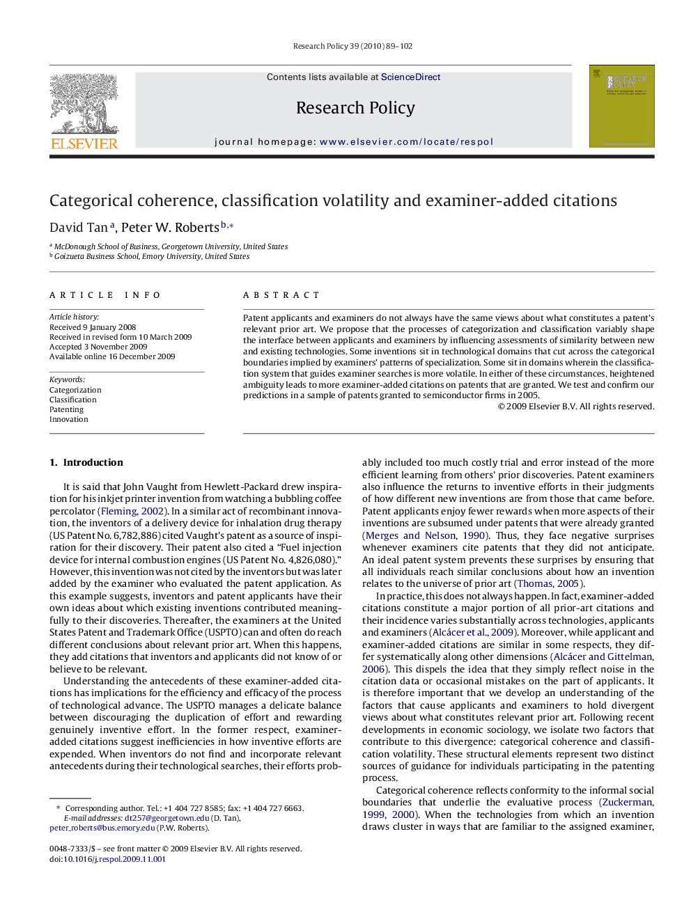 Categorical coherence, classification volatility and examiner-added citations