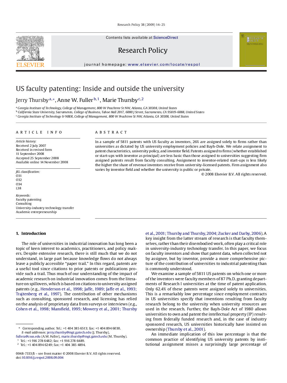 US faculty patenting: Inside and outside the university