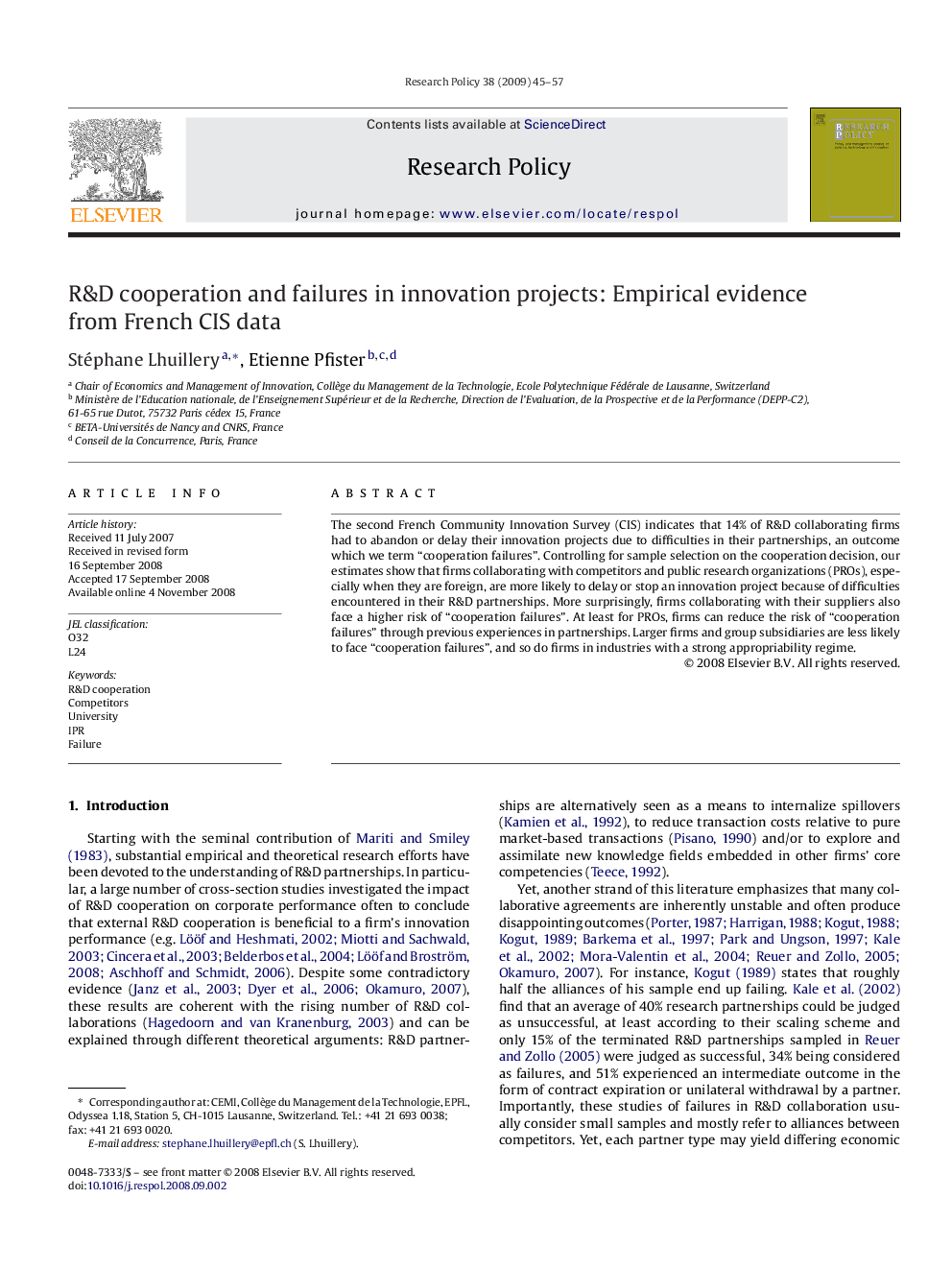 R&D cooperation and failures in innovation projects: Empirical evidence from French CIS data