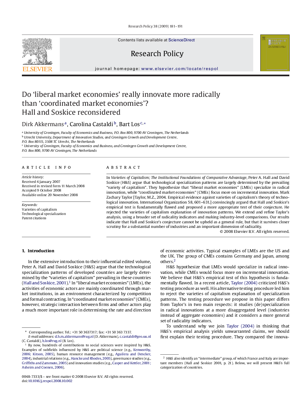 Do ‘liberal market economies’ really innovate more radically than ‘coordinated market economies’?: Hall and Soskice reconsidered