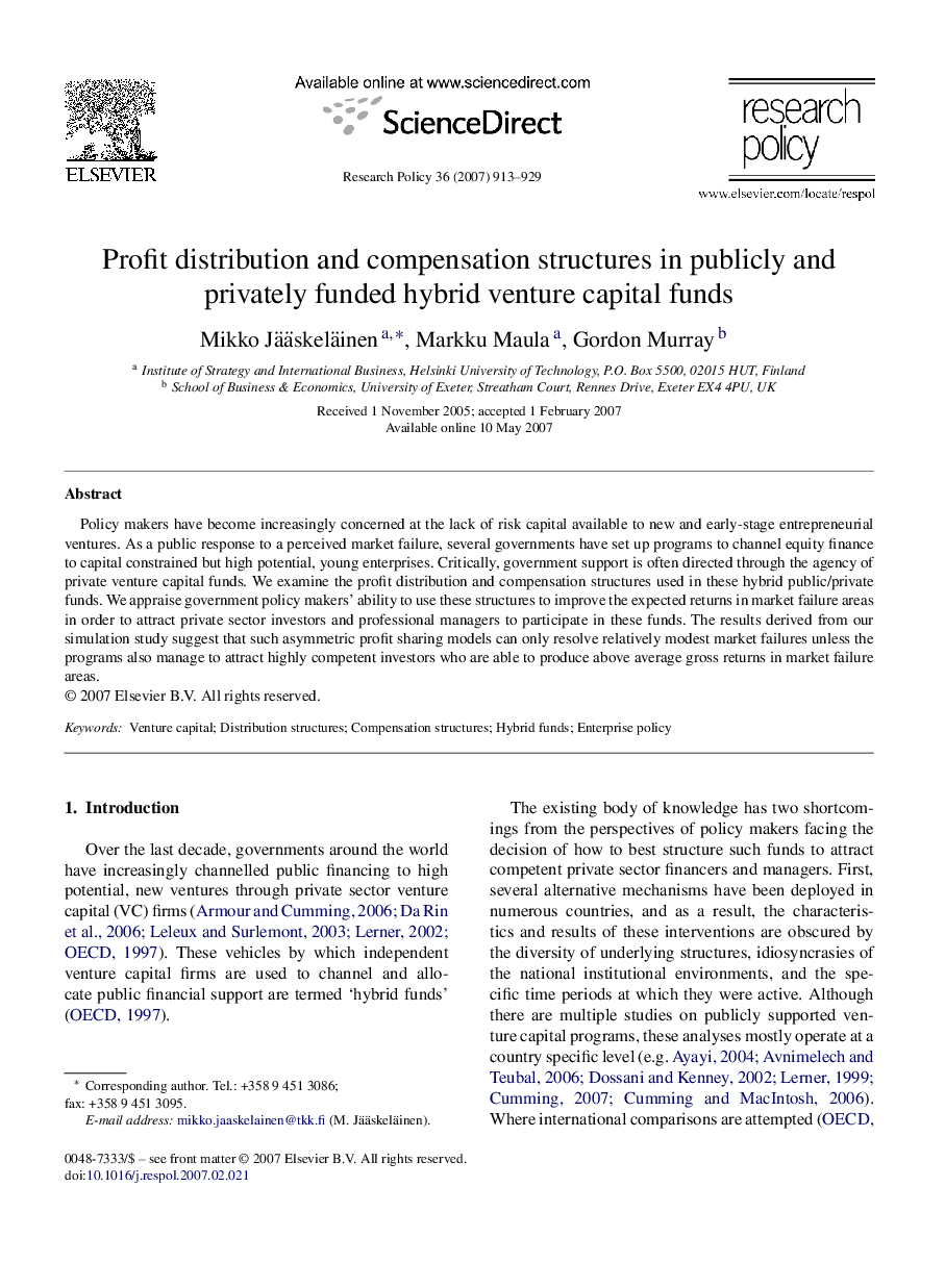 عکس صفحه اول مقاله: Profit distribution and compensation structures in publicly and privately funded hybrid venture capital funds Profit distribution and compensation structures in publicly and privately funded hybrid venture capital funds