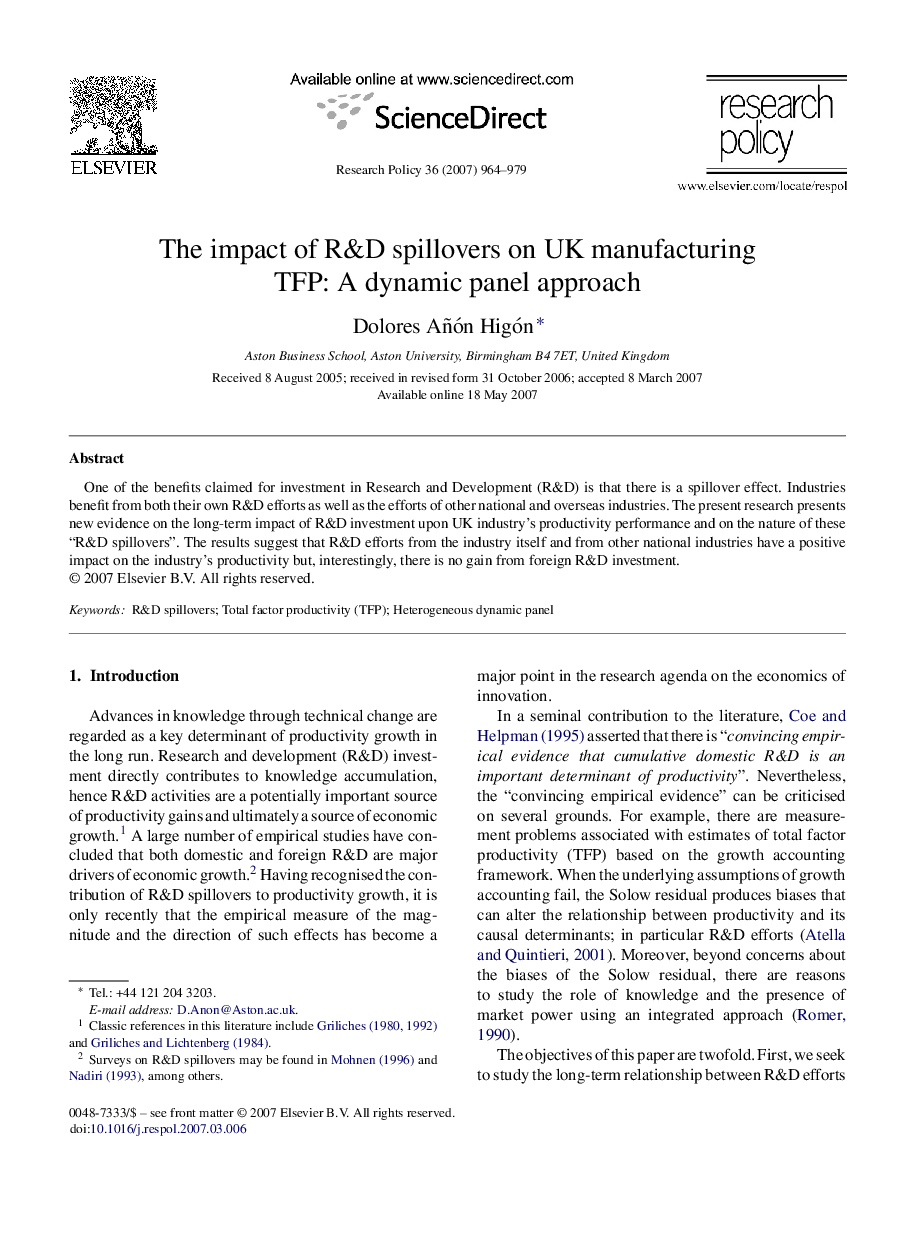 The impact of R&D spillovers on UK manufacturing TFP: A dynamic panel approach