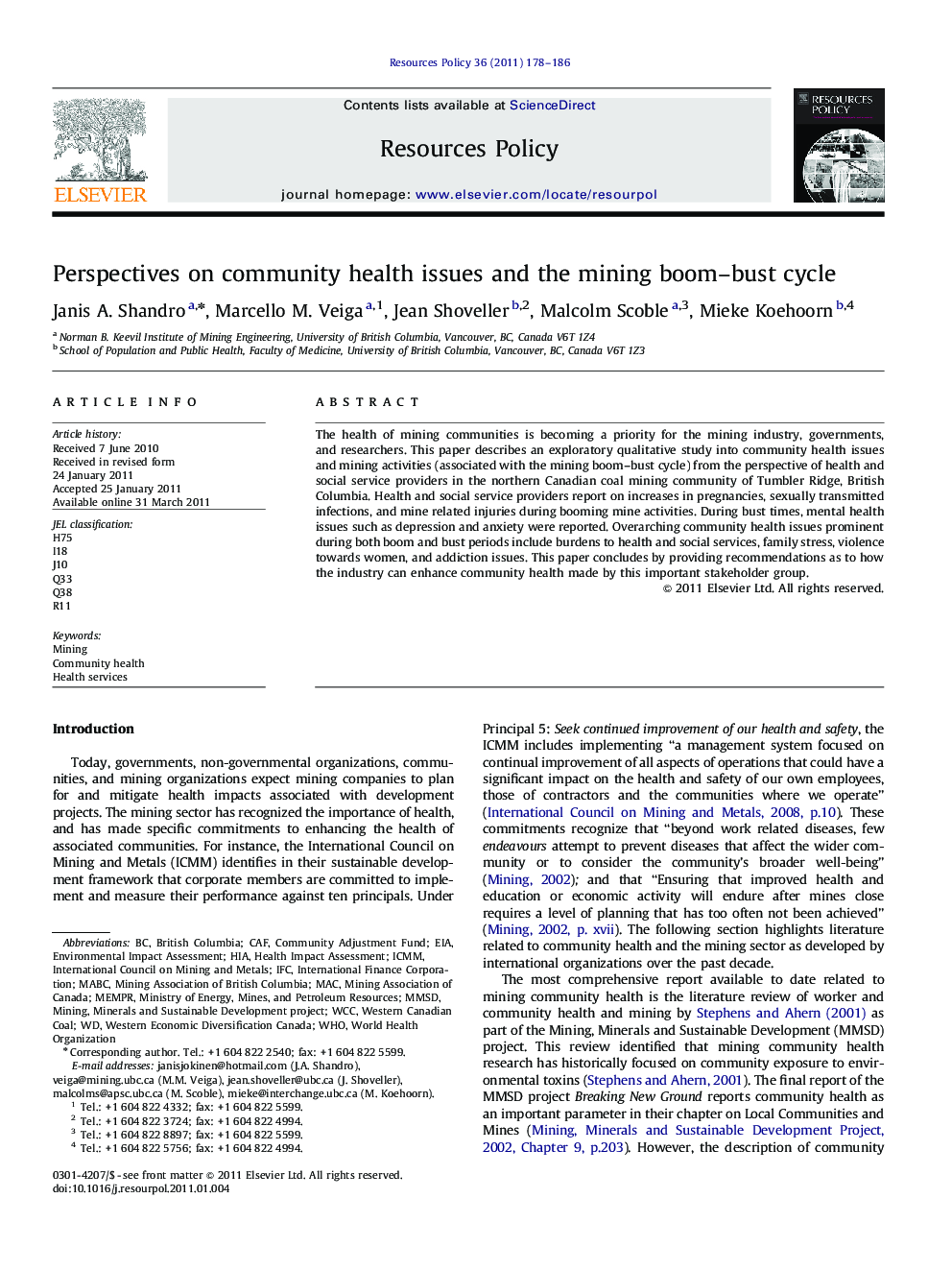 Perspectives on community health issues and the mining boom–bust cycle