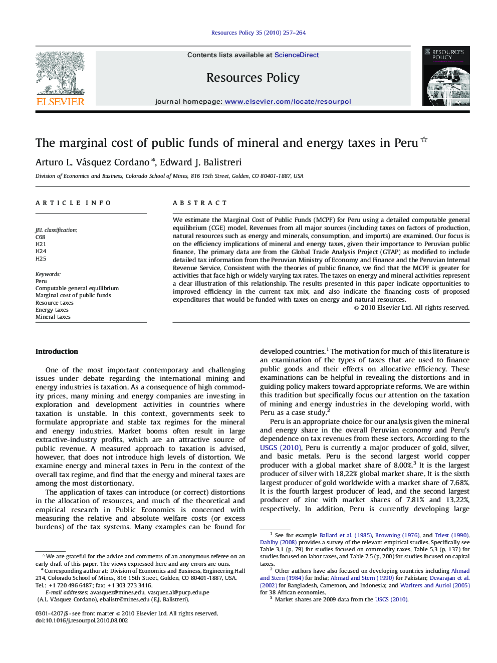 The marginal cost of public funds of mineral and energy taxes in Peru 