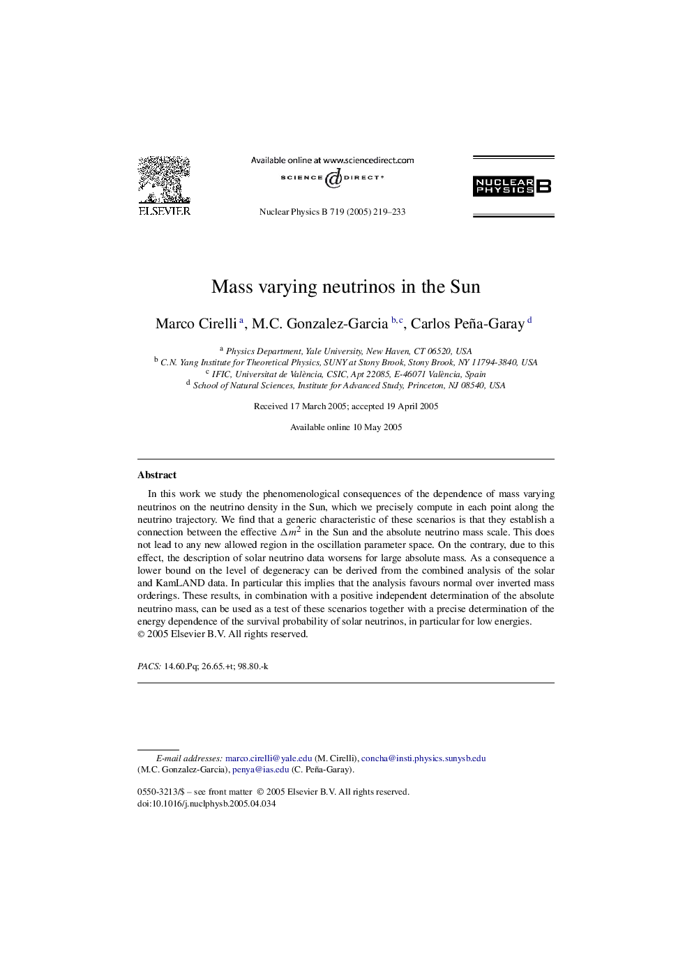 Mass varying neutrinos in the Sun