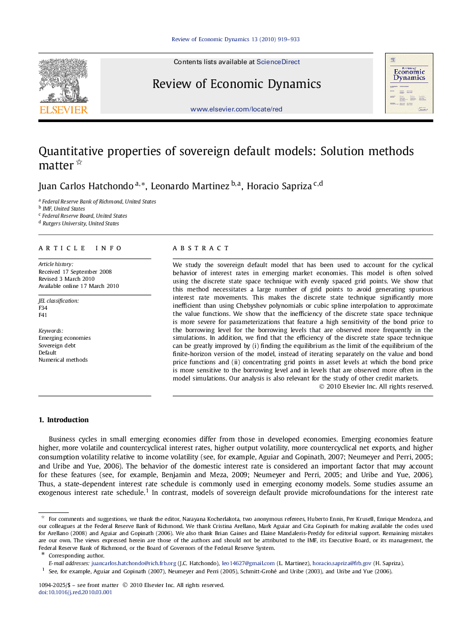 عکس صفحه اول مقاله: Quantitative properties of sovereign default models: Solution methods matter Quantitative properties of sovereign default models: Solution methods matter