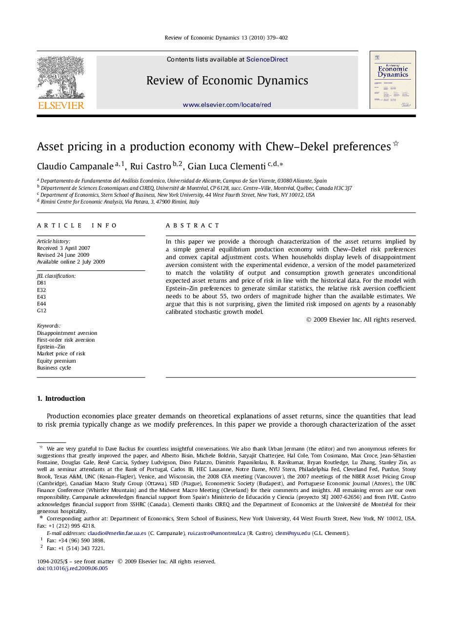 Asset pricing in a production economy with Chew–Dekel preferences 