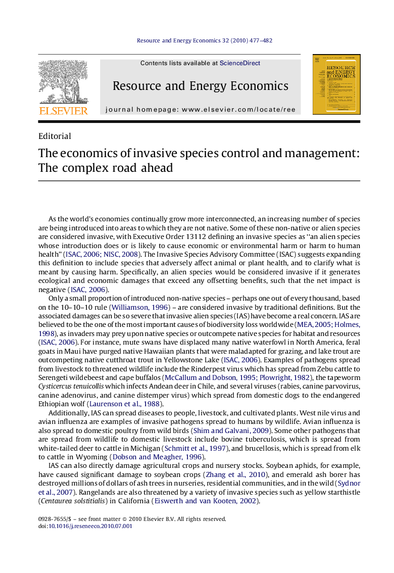 The economics of invasive species control and management: The complex road ahead