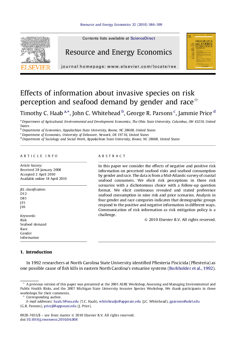 Effects of information about invasive species on risk perception and seafood demand by gender and race 