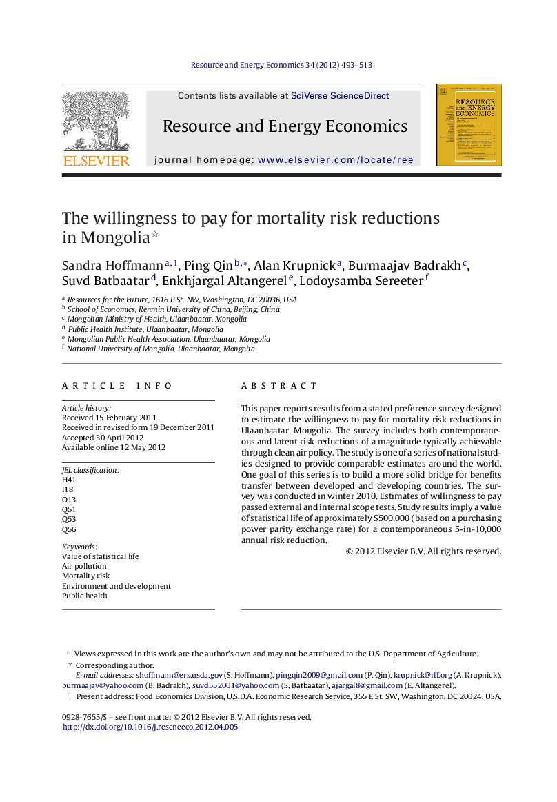 The willingness to pay for mortality risk reductions in Mongolia 