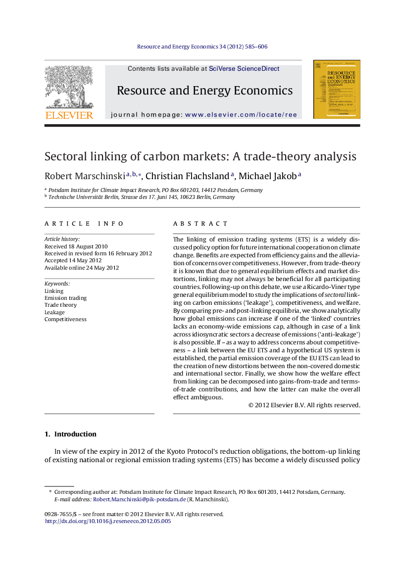 Sectoral linking of carbon markets: A trade-theory analysis