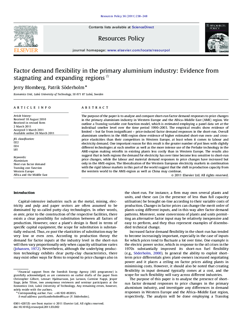 Factor demand flexibility in the primary aluminium industry: Evidence from stagnating and expanding regions 