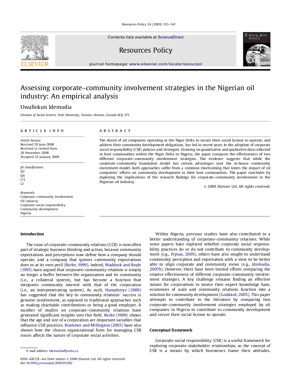 Assessing corporate–community involvement strategies in the Nigerian oil industry: An empirical analysis