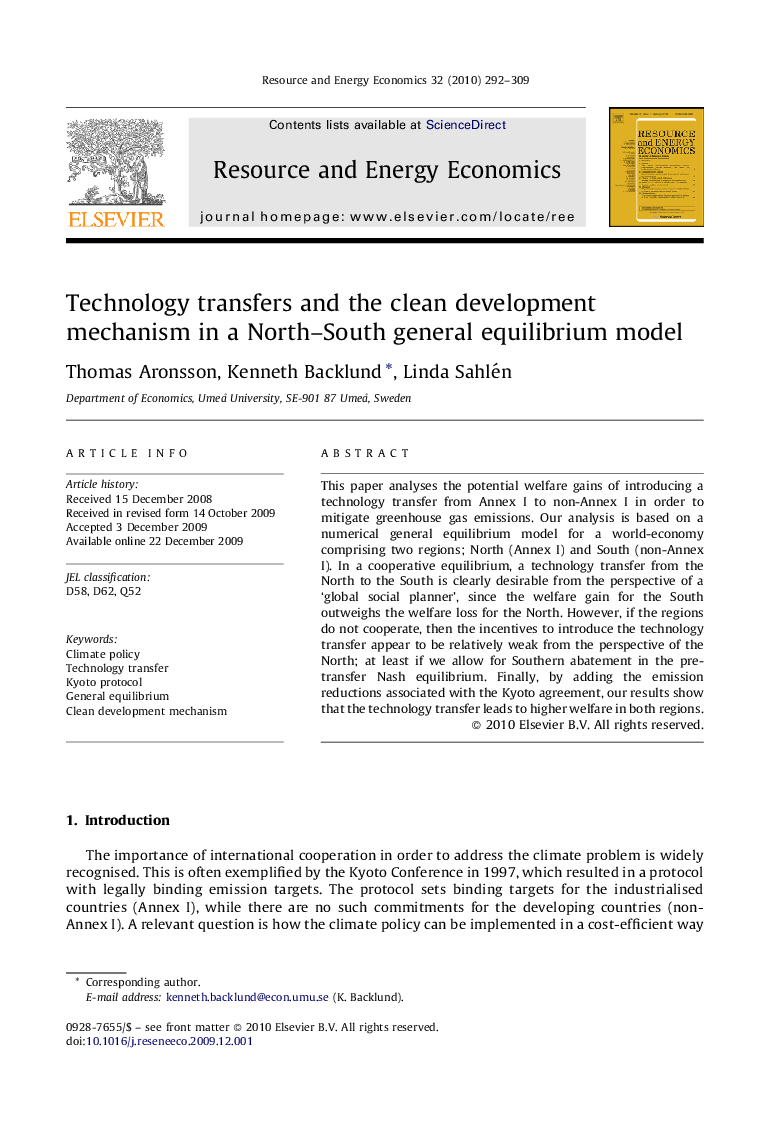 Technology transfers and the clean development mechanism in a North–South general equilibrium model