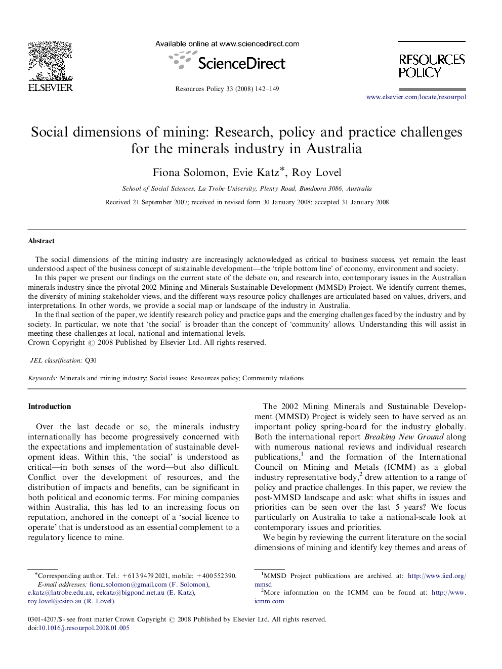 Social dimensions of mining: Research, policy and practice challenges for the minerals industry in Australia