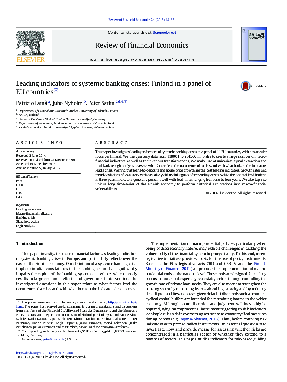 Leading indicators of systemic banking crises: Finland in a panel of EU countries 