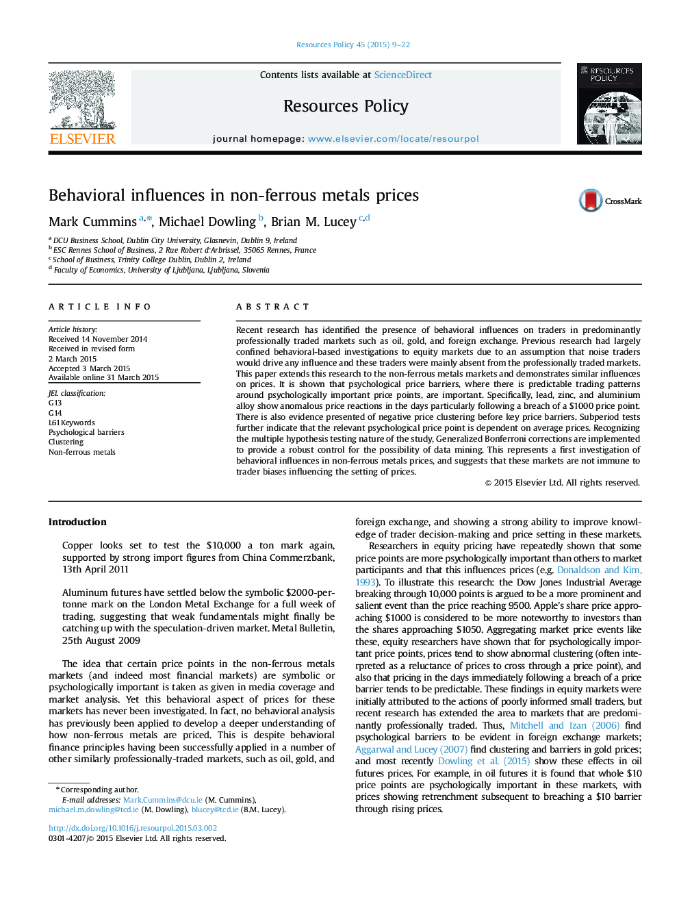 Behavioral influences in non-ferrous metals prices