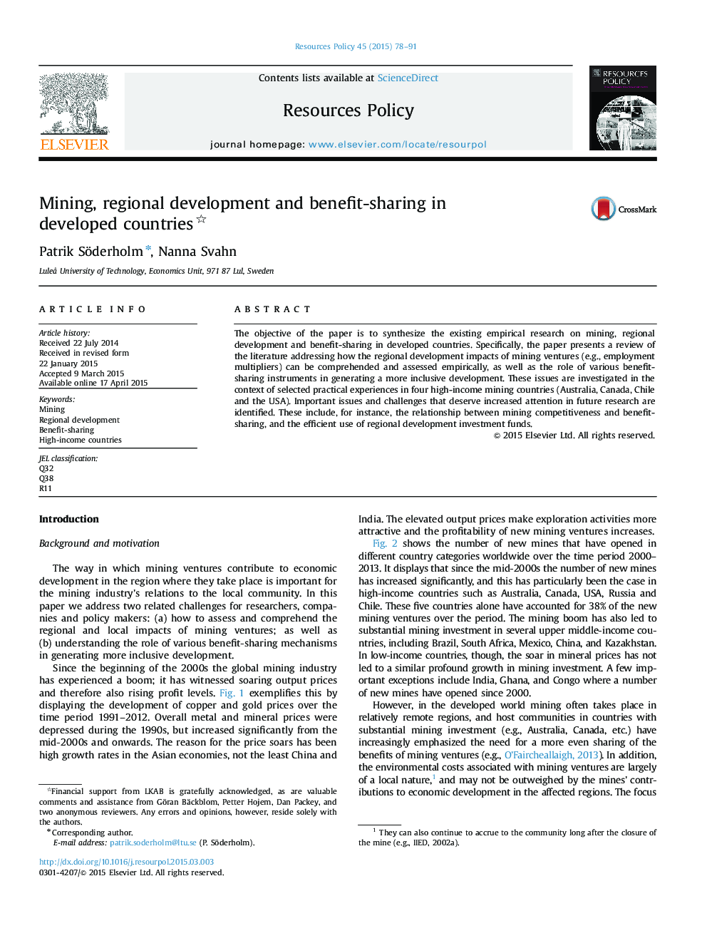 Mining, regional development and benefit-sharing in developed countries 