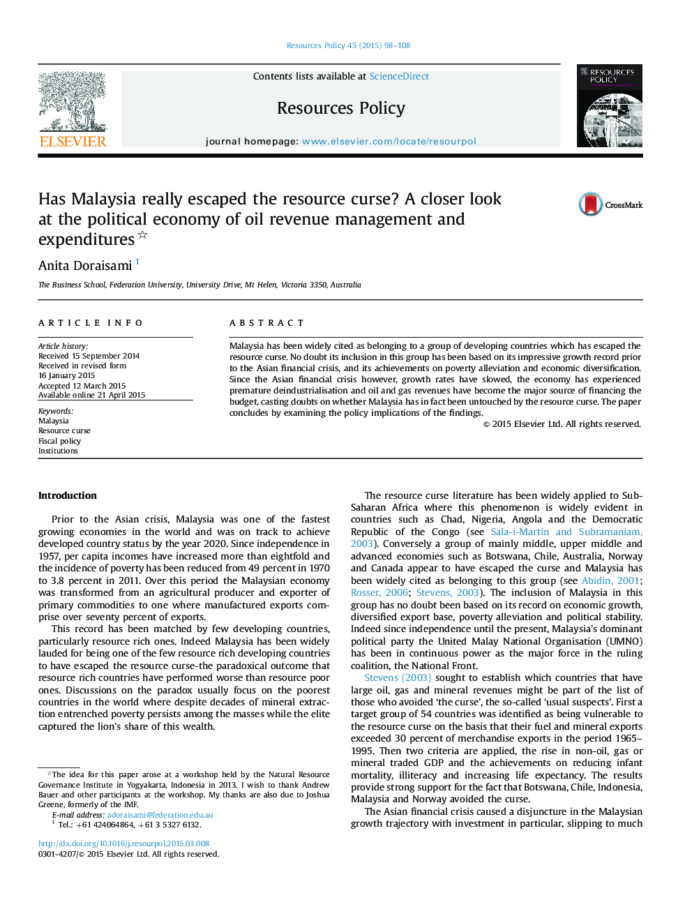 Has Malaysia really escaped the resource curse? A closer look at the political economy of oil revenue management and expenditures 