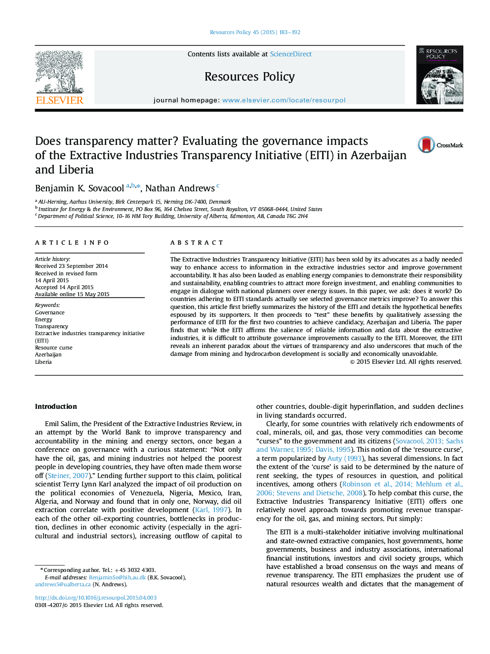 Does transparency matter? Evaluating the governance impacts of the Extractive Industries Transparency Initiative (EITI) in Azerbaijan and Liberia