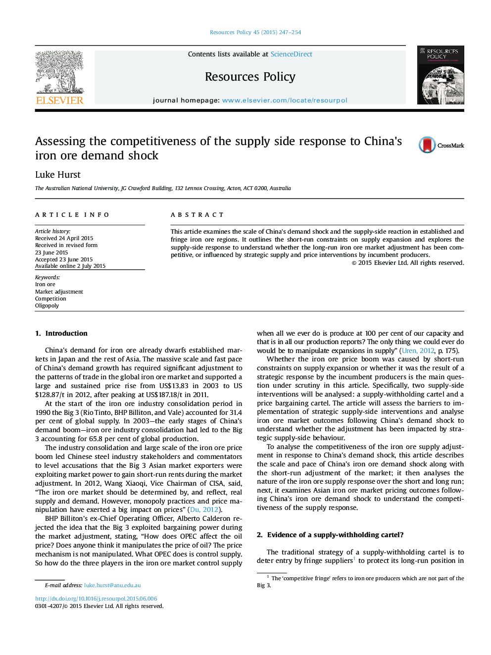 Assessing the competitiveness of the supply side response to China's iron ore demand shock