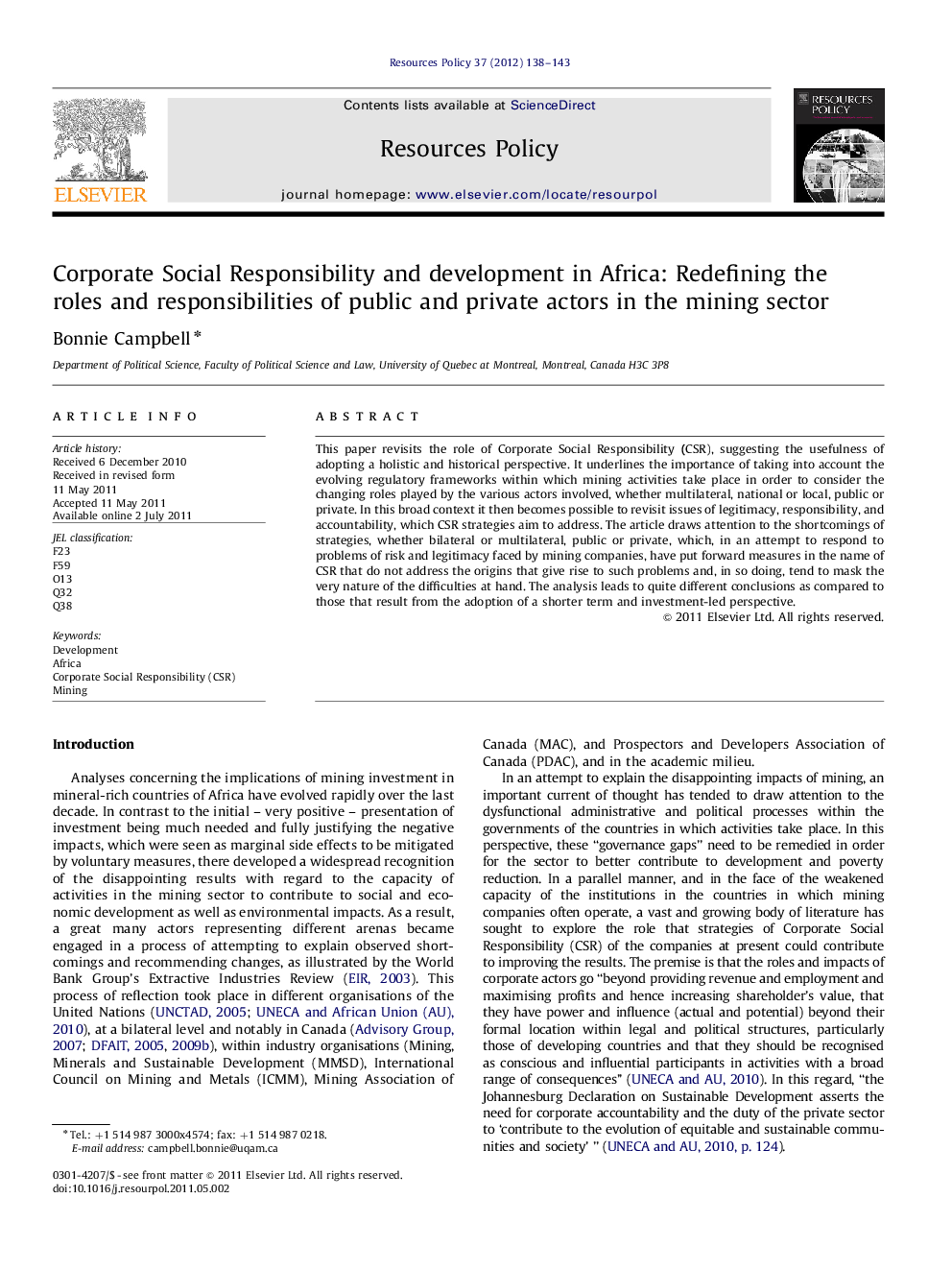 Corporate Social Responsibility and development in Africa: Redefining the roles and responsibilities of public and private actors in the mining sector