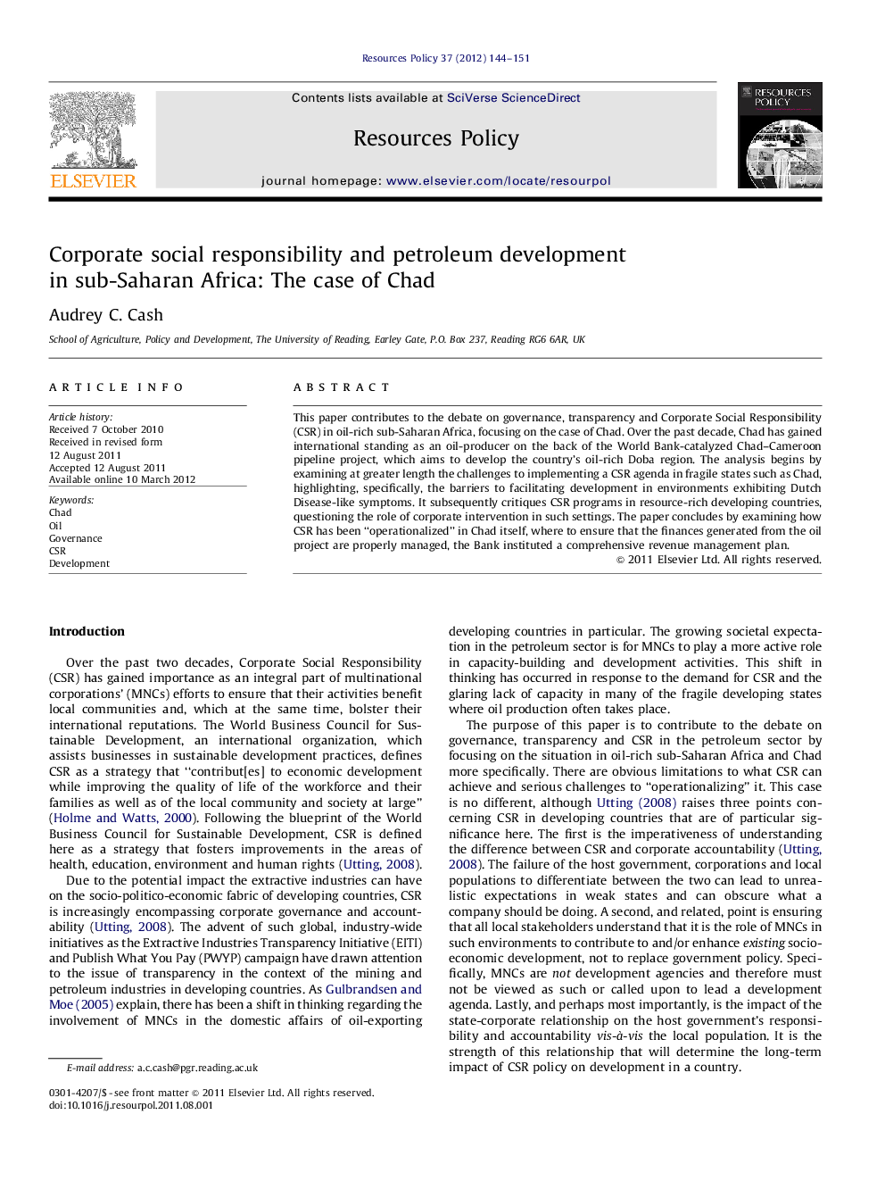 Corporate social responsibility and petroleum development in sub-Saharan Africa: The case of Chad