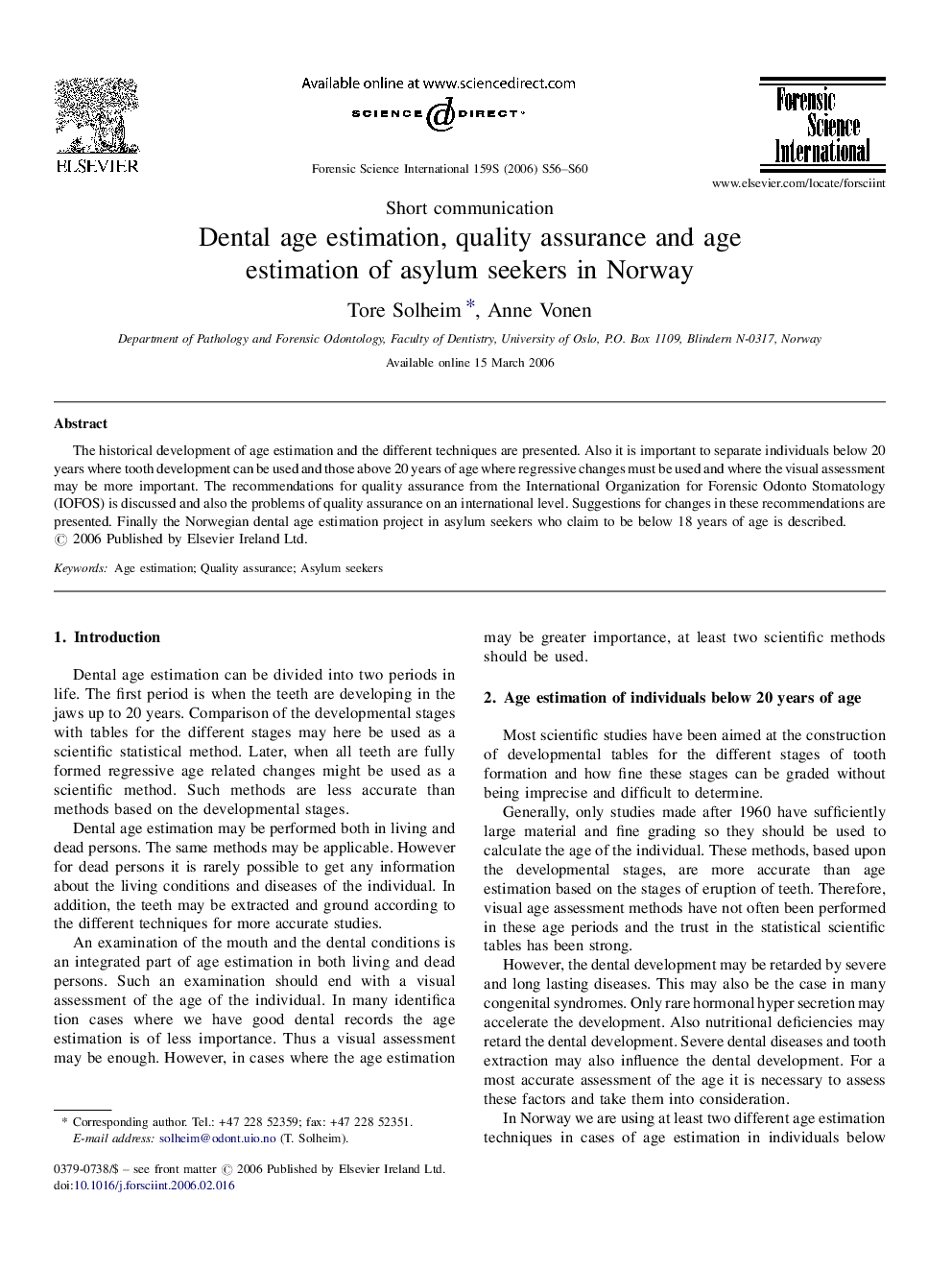 Dental age estimation, quality assurance and age estimation of asylum seekers in Norway