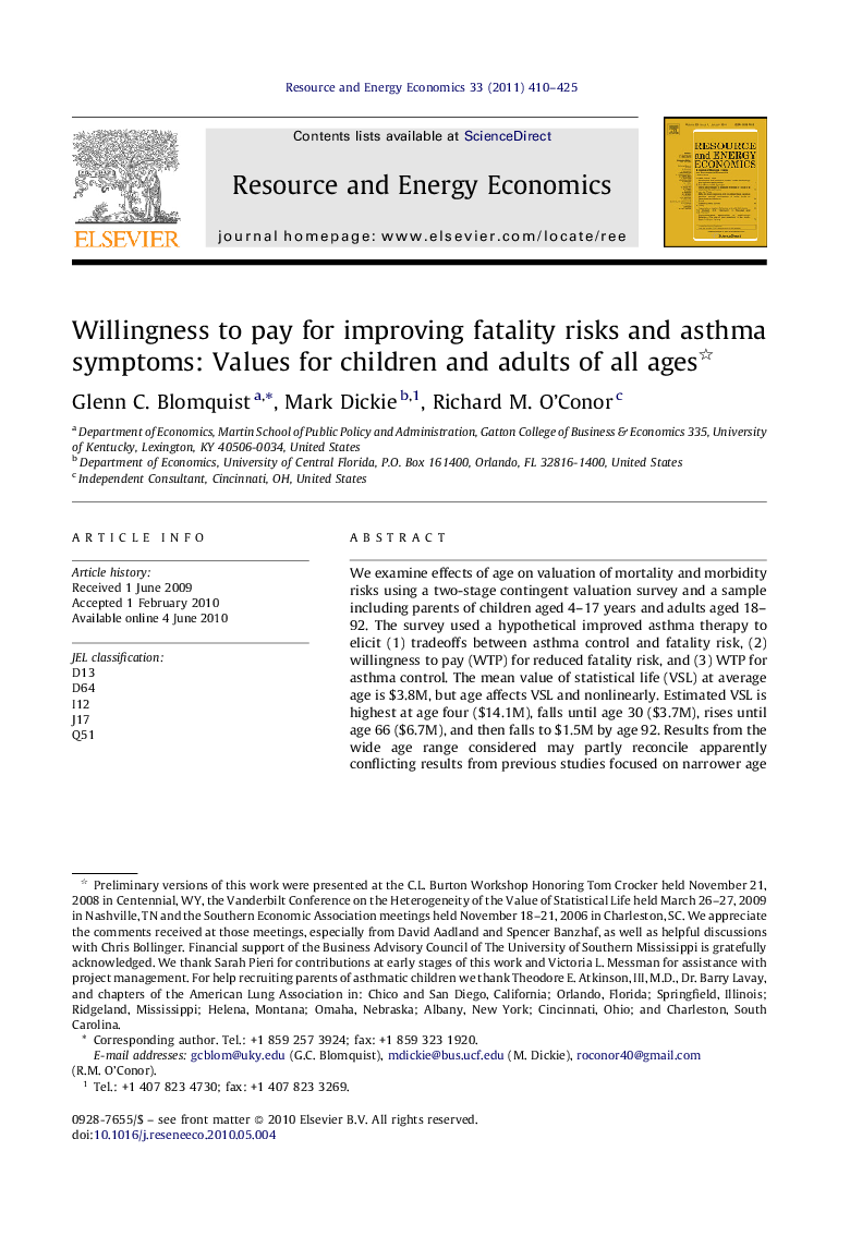 Willingness to pay for improving fatality risks and asthma symptoms: Values for children and adults of all ages 