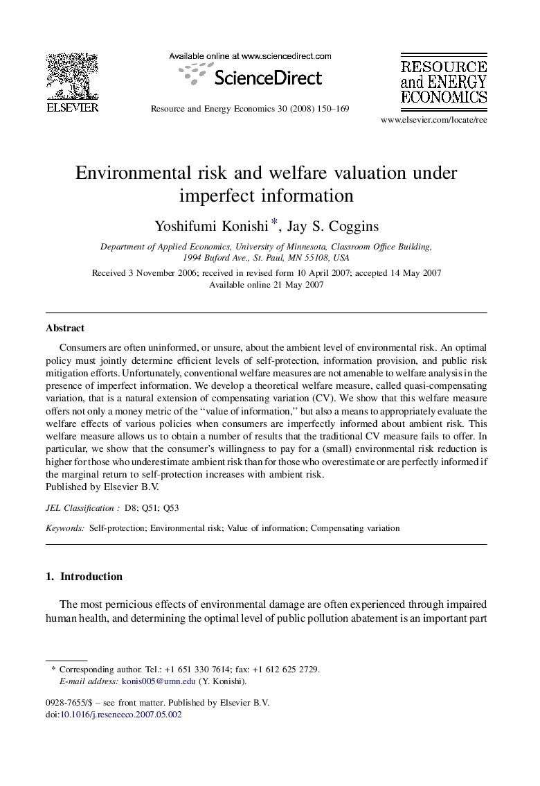 Environmental risk and welfare valuation under imperfect information