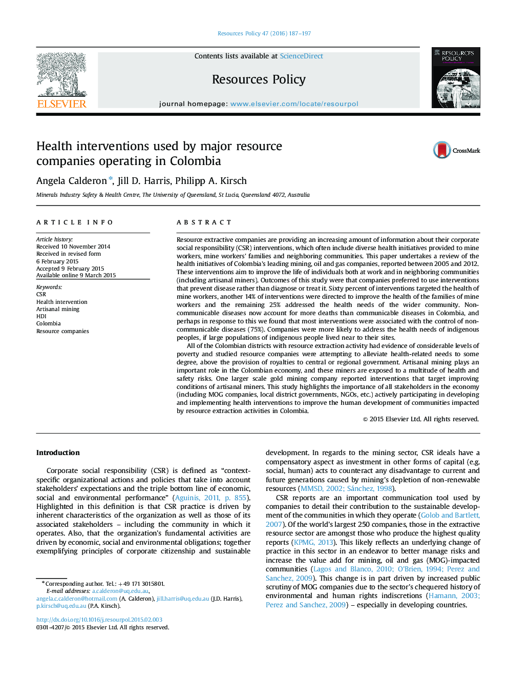 Health interventions used by major resource companies operating in Colombia