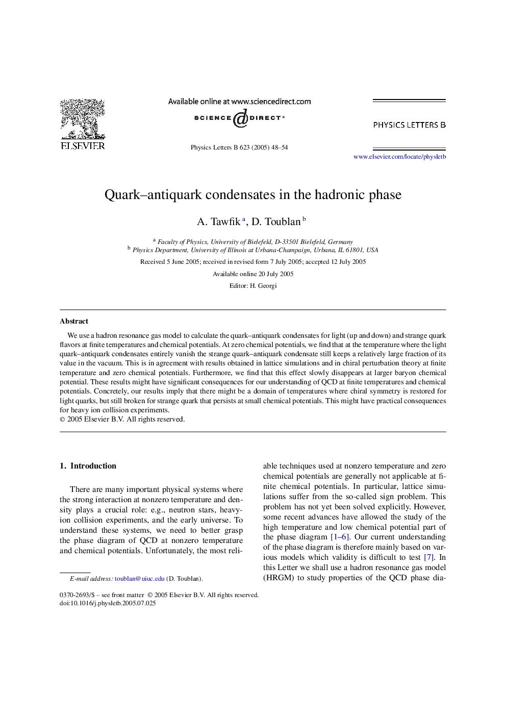 عکس صفحه اول مقاله: Quark-antiquark condensates in the hadronic phase Quark-antiquark condensates in the hadronic phase