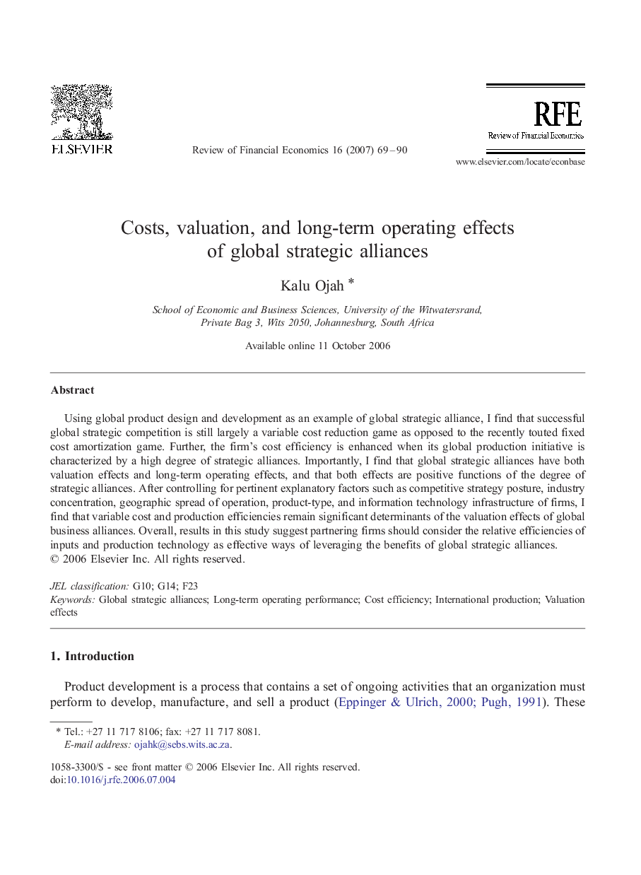 Costs, valuation, and long-term operating effects of global strategic alliances