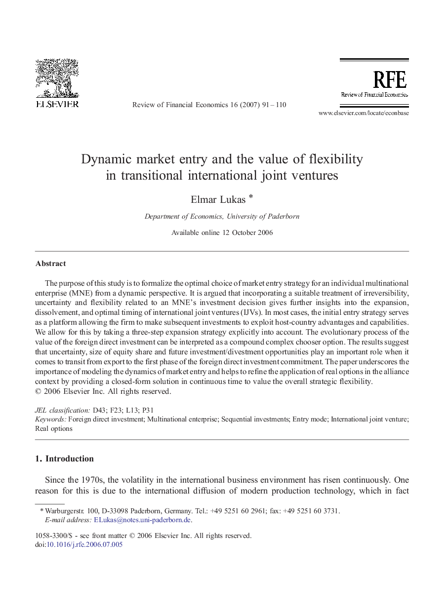 Dynamic market entry and the value of flexibility in transitional international joint ventures