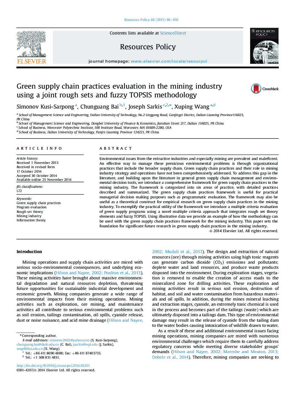 Green supply chain practices evaluation in the mining industry using a joint rough sets and fuzzy TOPSIS methodology