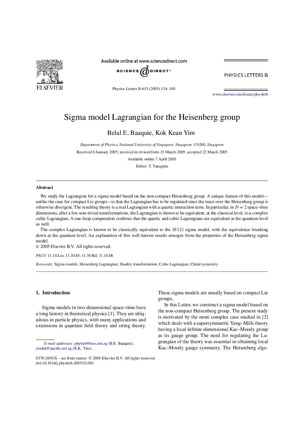 Sigma model Lagrangian for the Heisenberg group