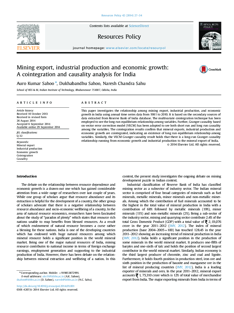 Mining export, industrial production and economic growth: A cointegration and causality analysis for India