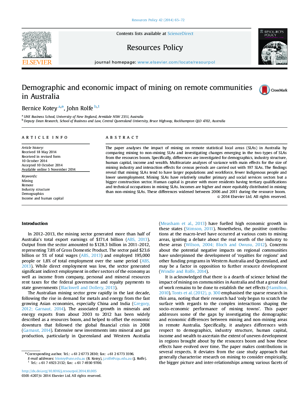 Demographic and economic impact of mining on remote communities in Australia