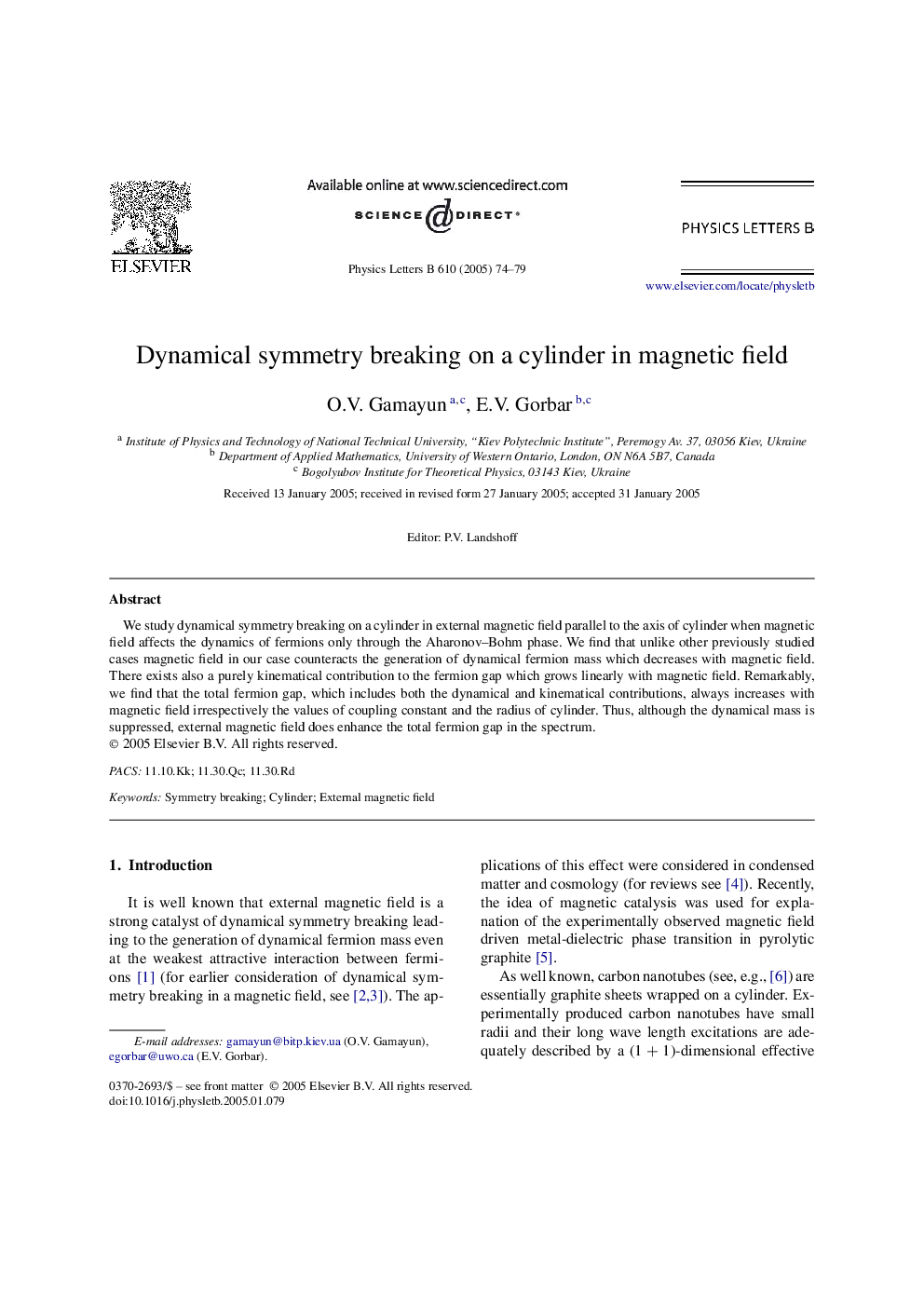 Dynamical symmetry breaking on a cylinder in magnetic field