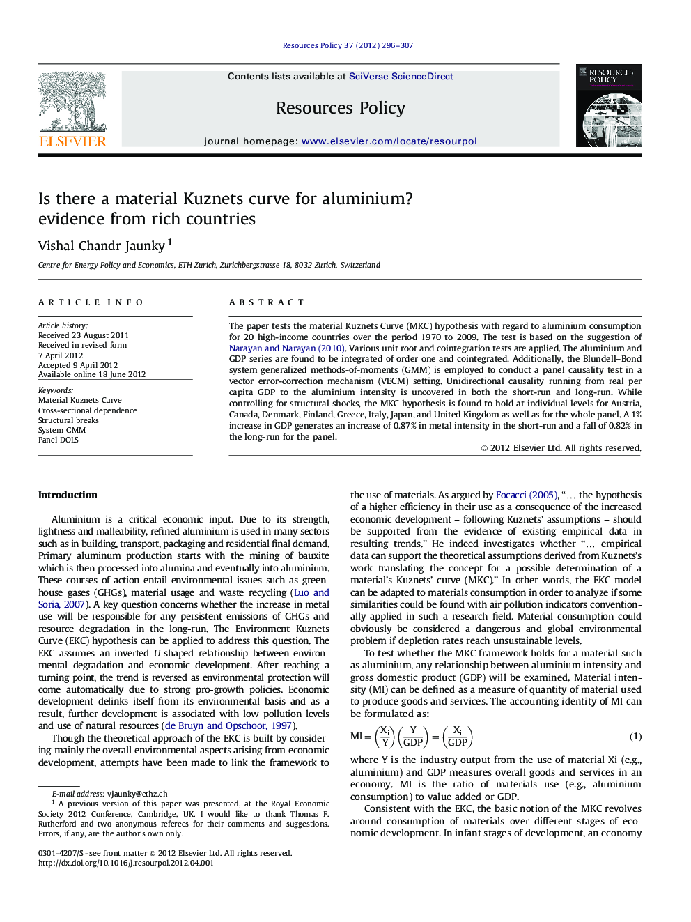 Is there a material Kuznets curve for aluminium? evidence from rich countries