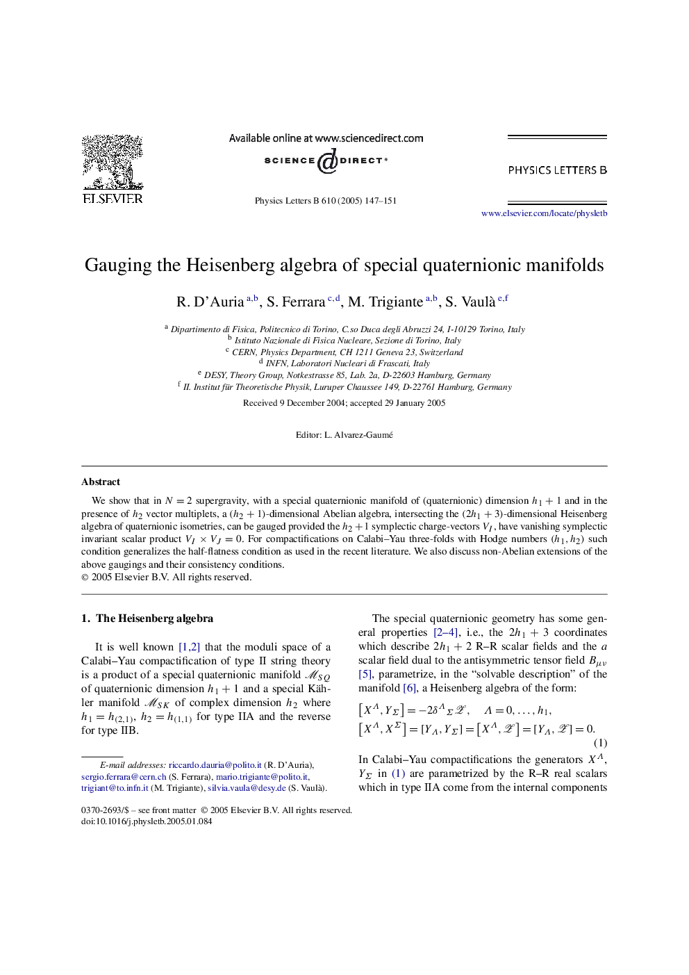 Gauging the Heisenberg algebra of special quaternionic manifolds