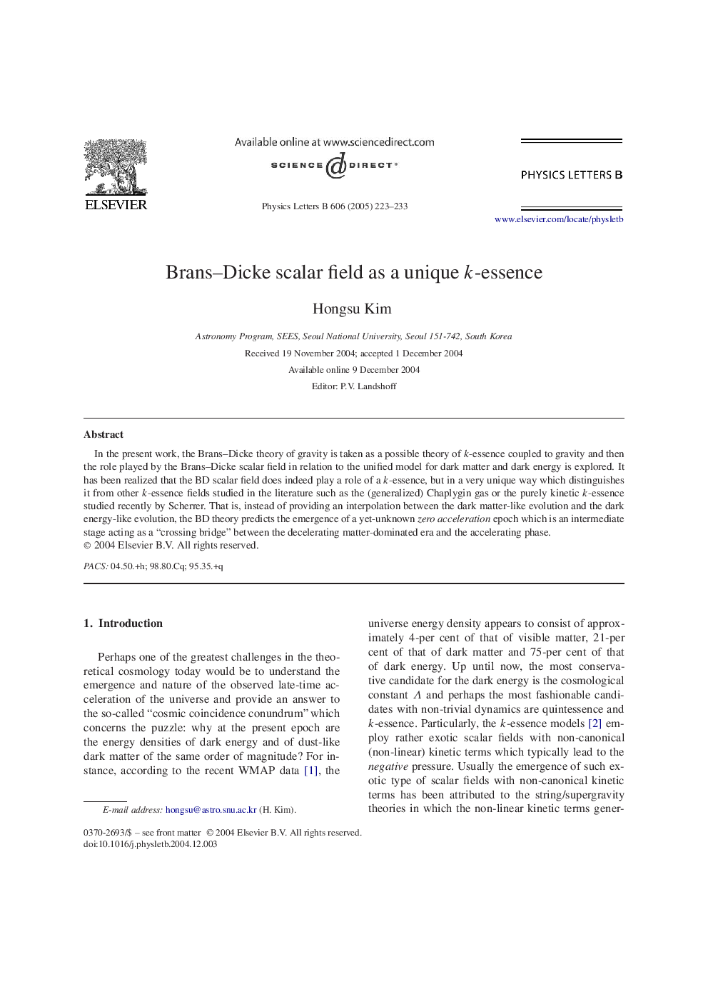 Brans-Dicke scalar field as a unique k-essence