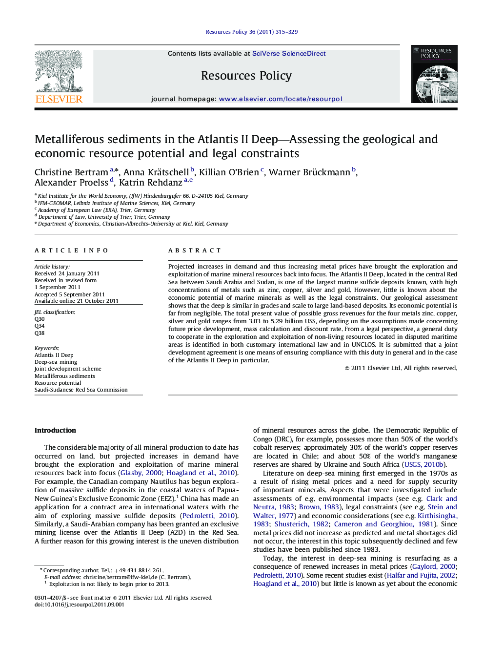 Metalliferous sediments in the Atlantis II Deep—Assessing the geological and economic resource potential and legal constraints