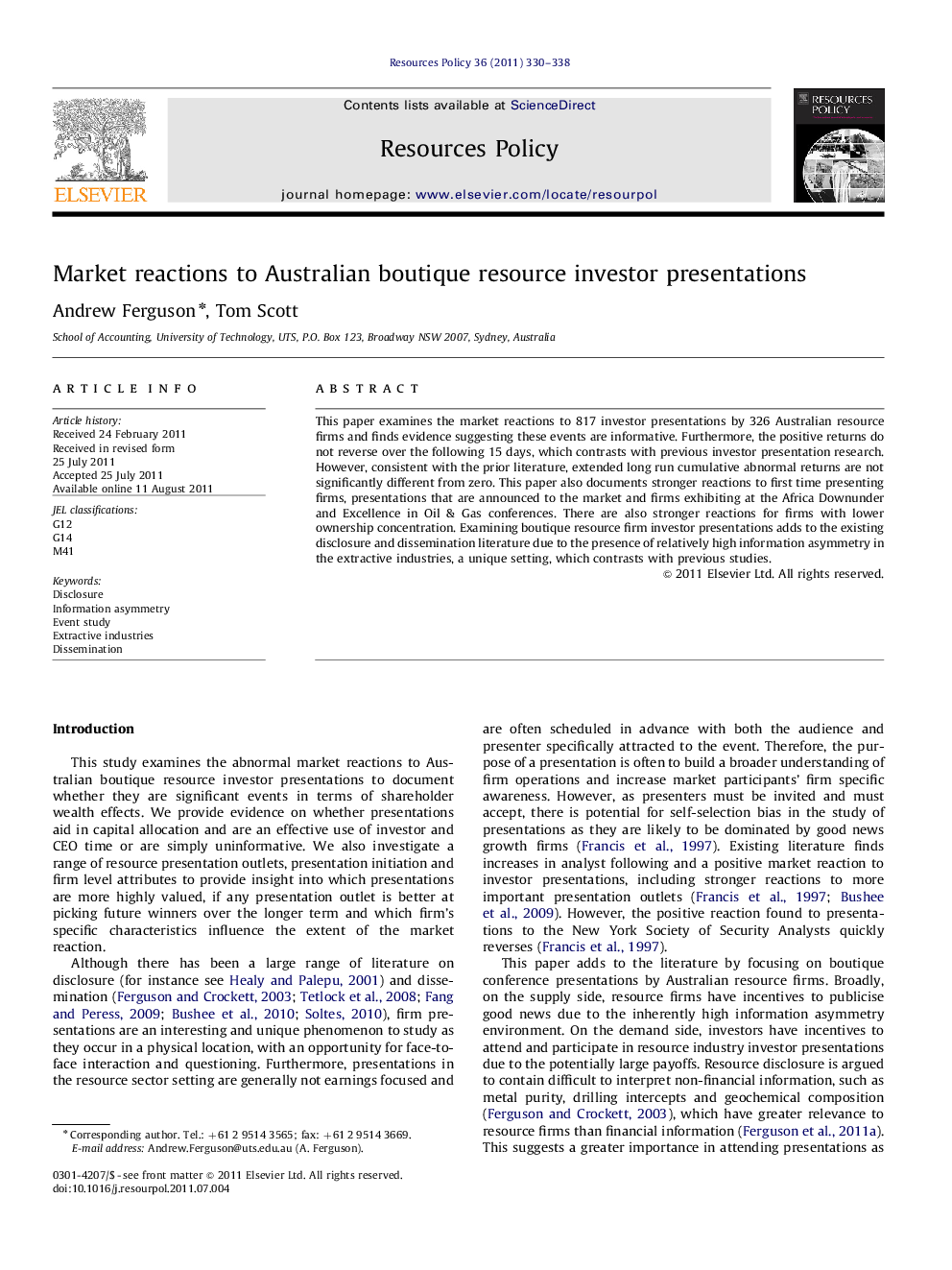 Market reactions to Australian boutique resource investor presentations