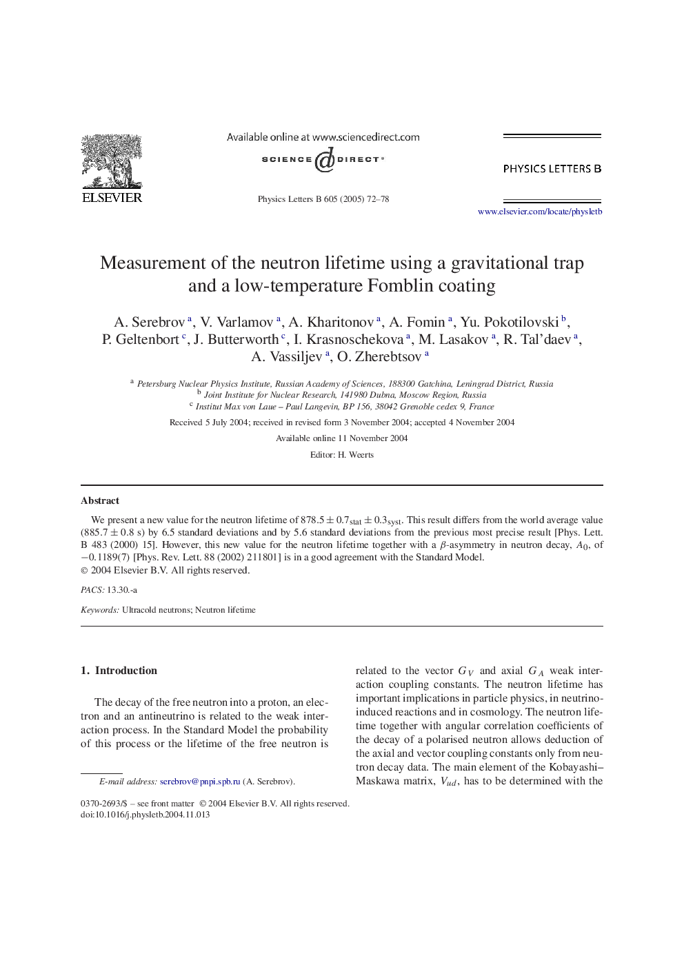 Measurement of the neutron lifetime using a gravitational trap and a low-temperature Fomblin coating