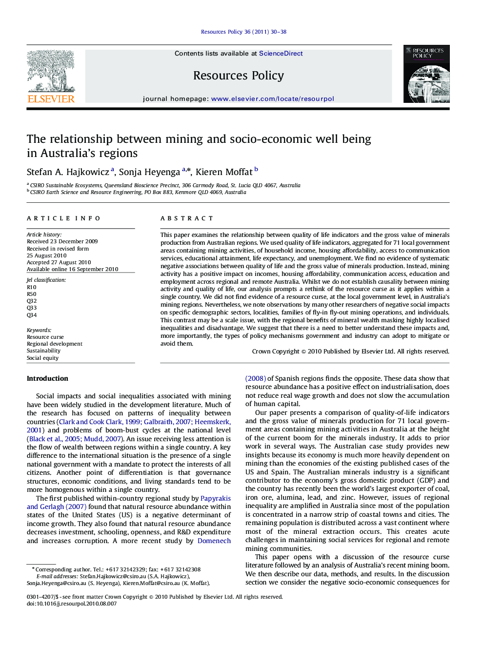 The relationship between mining and socio-economic well being in Australia’s regions